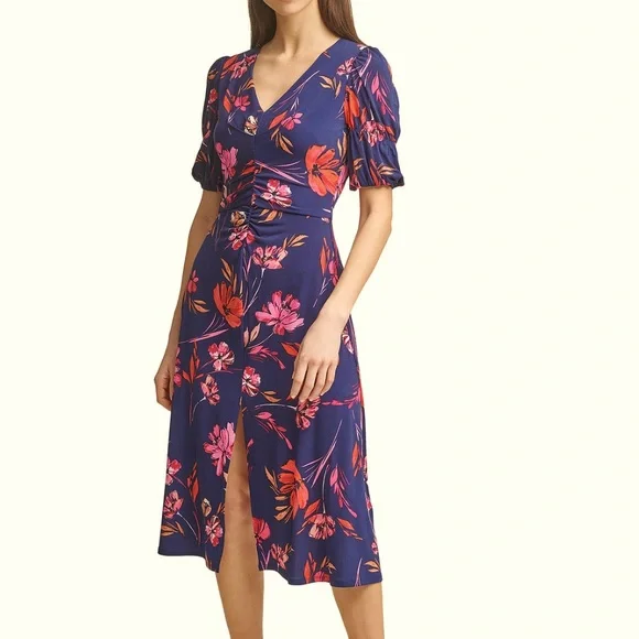 Vince Camuto Ruched Puff-Sleeve Midi Dress - Pink Multi